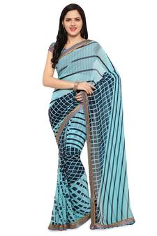 Blue printed georgette saree with blouse