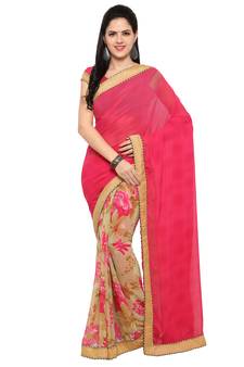 Red printed georgette saree with blouse
