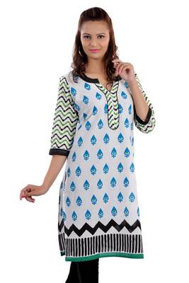 White Jaipuri Printed Cotton Casual Wear Kurti 1