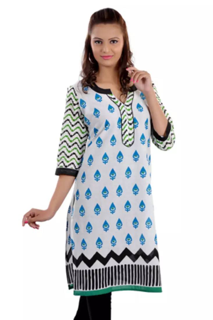 White Jaipuri Printed Cotton Casual Wear Kurti