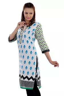 White Jaipuri Printed Cotton Casual Wear Kurti