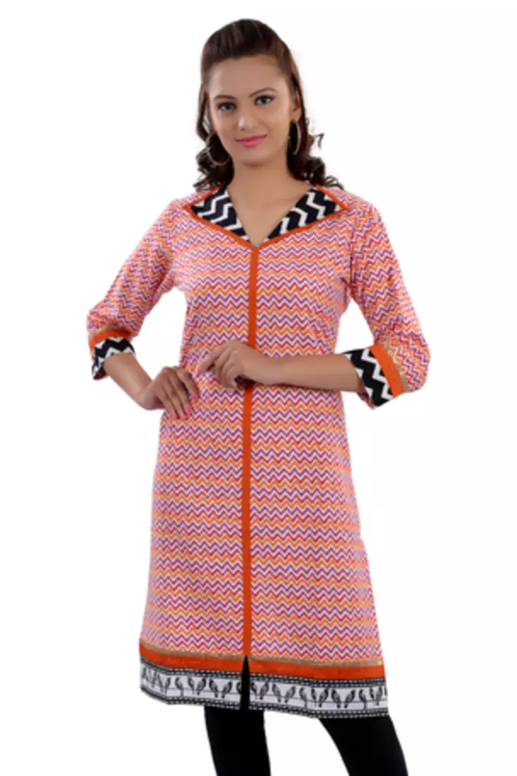 Orange Jaipuri Printed Cotton Casual Wear Kurti