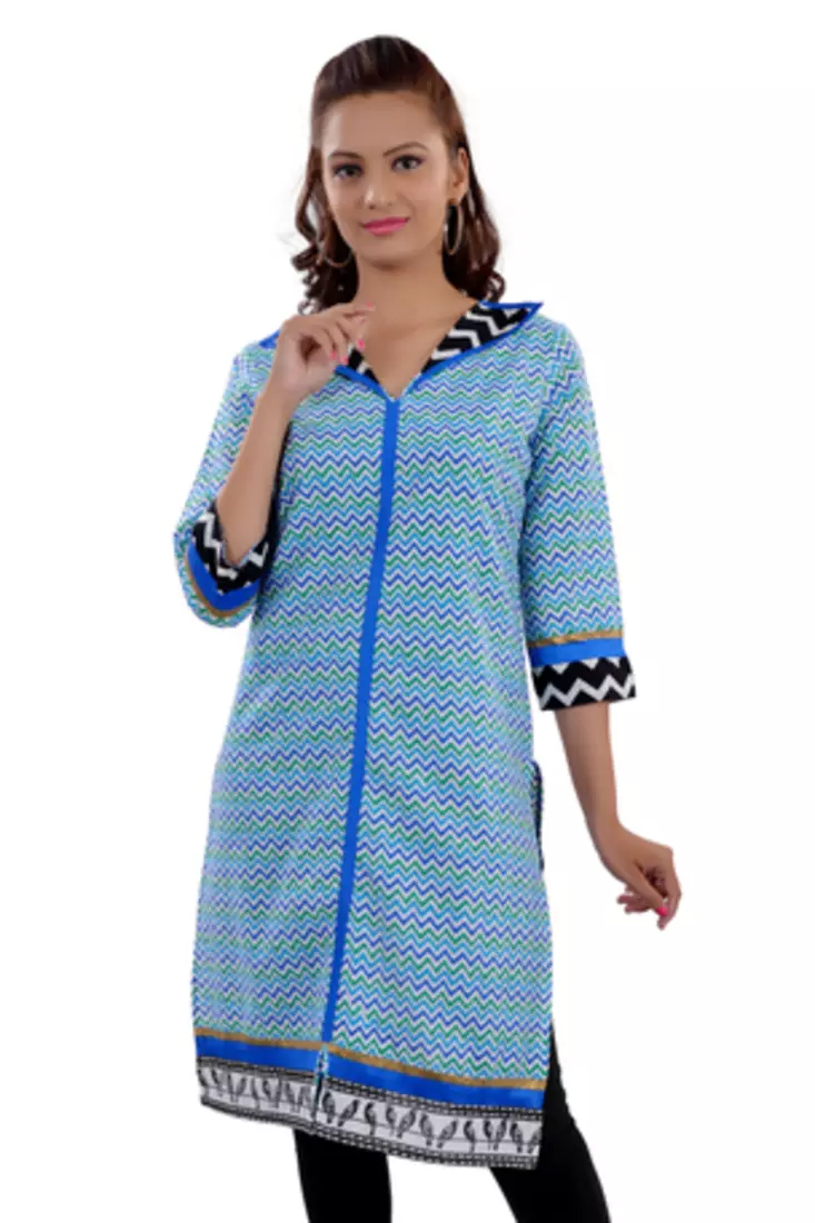 Blue Jaipuri Printed Cotton Casual Wear Kurti