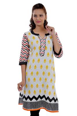 White  Jaipuri Printed Cotton Casual Wear Kurti 1