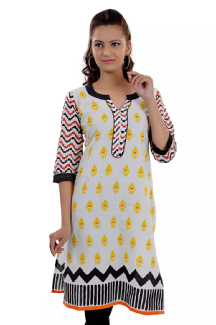 White  Jaipuri Printed Cotton Casual Wear Kurti