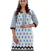 White Jaipuri Printed Cotton Casual Wear Kurti