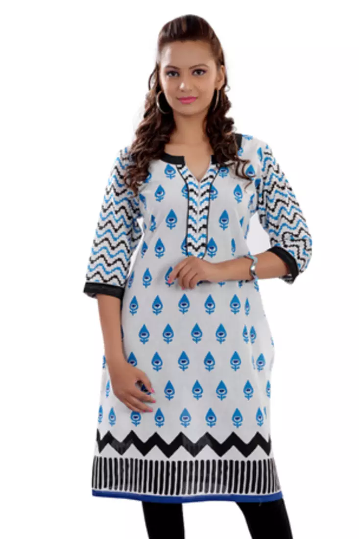 White Jaipuri Printed Cotton Casual Wear Kurti