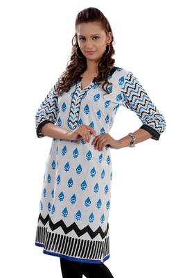 White Jaipuri Printed Cotton Casual Wear Kurti 3