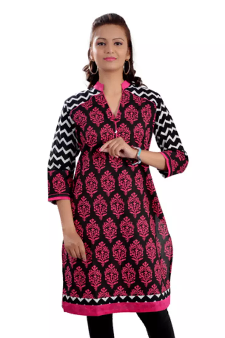 Black Jaipuri Printed Cotton Casual Wear Kurti