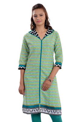 Green Jaipuri Printed Cotton Casual Wear Kurti 1