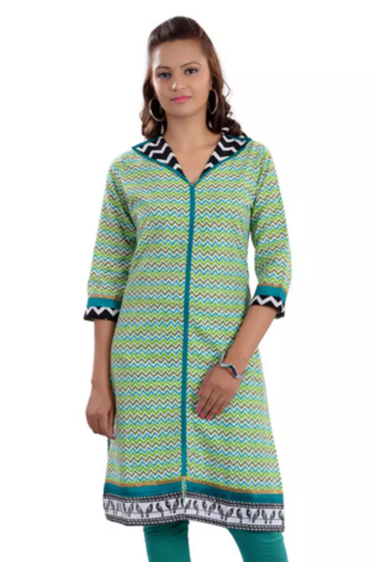 Green Jaipuri Printed Cotton Casual Wear Kurti