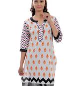 White Jaipuri Printed Cotton Casual Wear Kurti