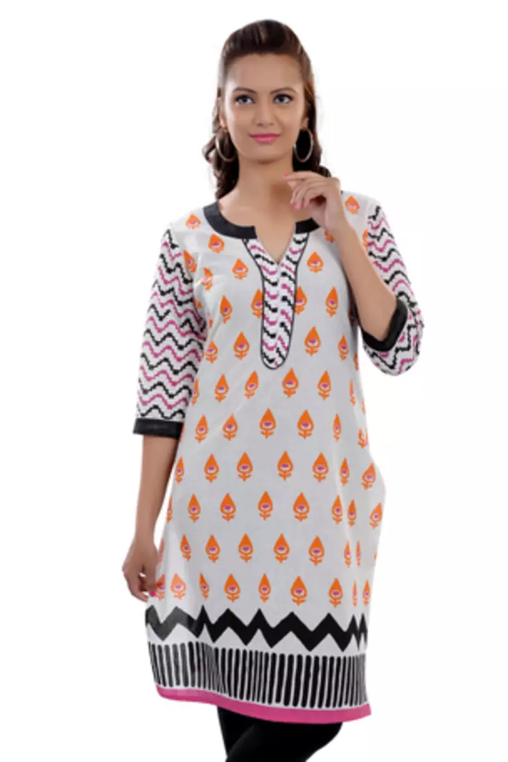 White Jaipuri Printed Cotton Casual Wear Kurti