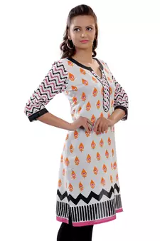 White Jaipuri Printed Cotton Casual Wear Kurti