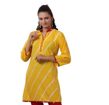 Yellow Hand Lehariya Design Casual Wear Cotton Kurti 1