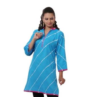 Turquoise Hand Lehariya Design Casual Wear Cotton Kurti 1