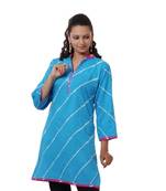 Turquoise Hand Lehariya Design Casual Wear Cotton Kurti