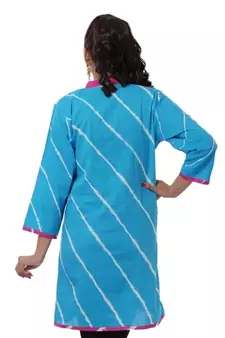 Turquoise Hand Lehariya Design Casual Wear Cotton Kurti