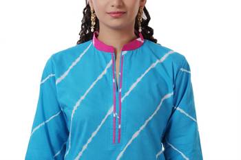 Turquoise Hand Lehariya Design Casual Wear Cotton Kurti 3