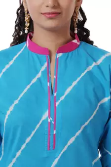 Turquoise Hand Lehariya Design Casual Wear Cotton Kurti