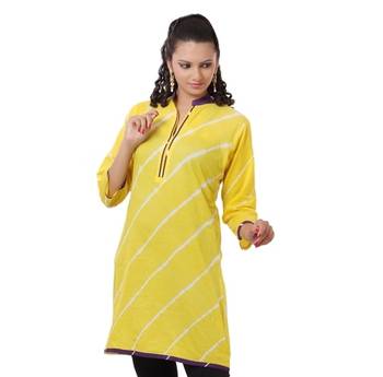 Yellow Hand  Lehariya Design Casual Wear Cotton Kurti 1