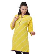 Yellow Hand  Lehariya Design Casual Wear Cotton Kurti