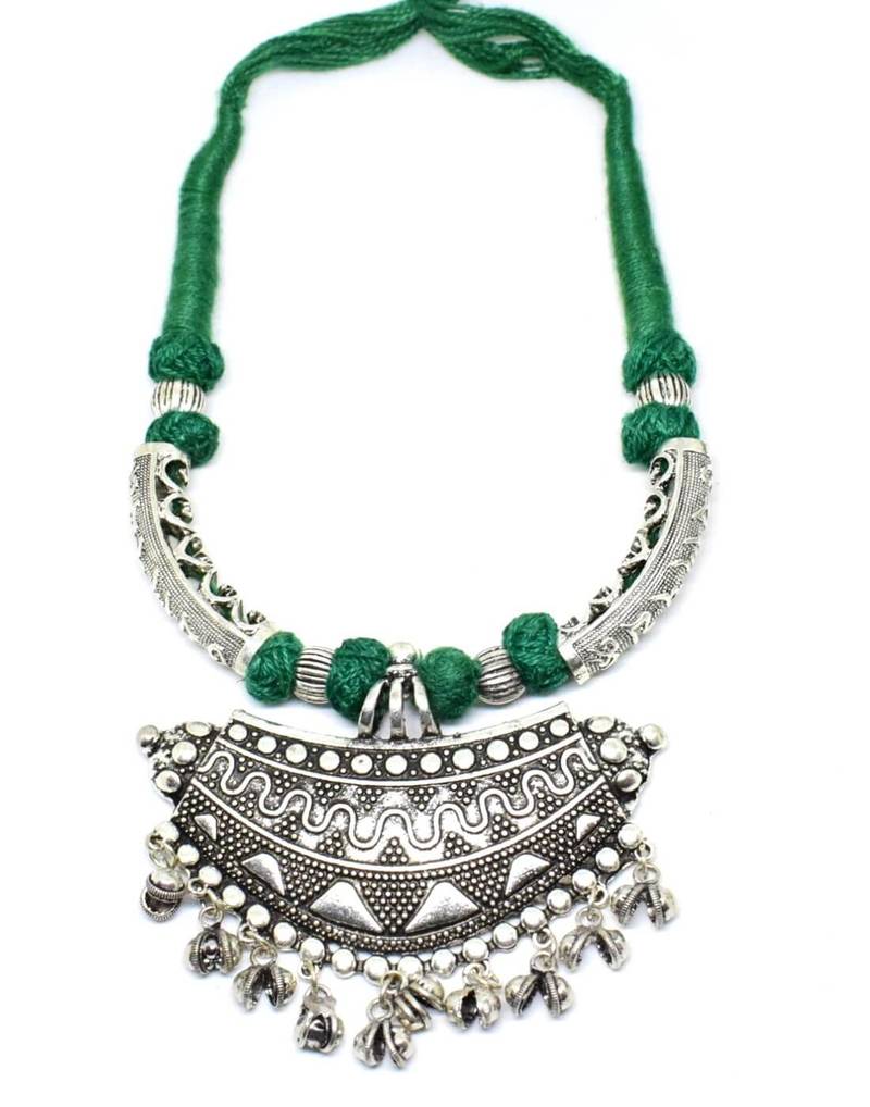 Giftpiper Threaded German Silver Necklace Hansuli Pattern  Green