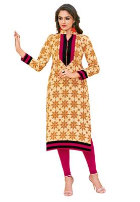 Beige Printed Unstitched Cotton Kurtis 1