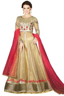 Off White embroidered Net unstitched salwar with dupatta