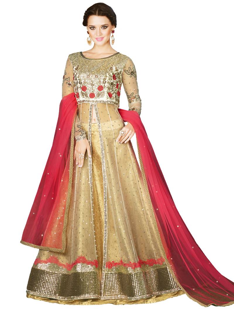 Off White embroidered Net unstitched salwar with dupatta