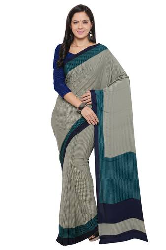Beige printed crepe saree with blouse