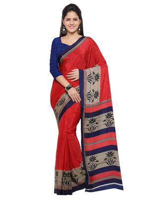 Red printed crepe saree with blouse 1