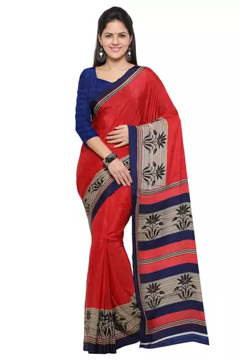 Red printed crepe saree with blouse