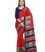Red printed crepe saree with blouse