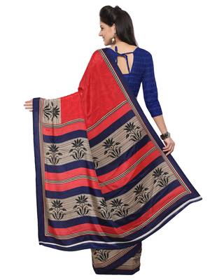 Red printed crepe saree with blouse 2