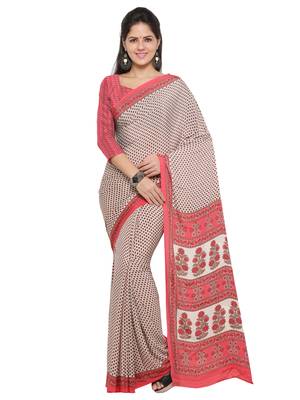 Beige printed crepe saree with blouse 1