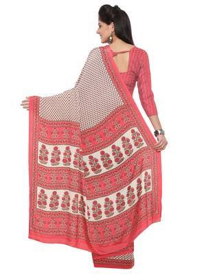 Beige printed crepe saree with blouse 2