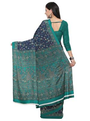 Blue printed crepe saree with blouse 2