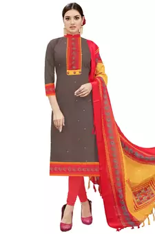 Brown embroidered cotton unstitched salwar with dupatta