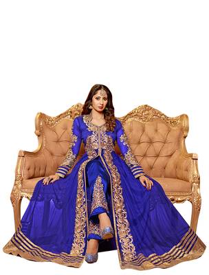 Blue & Beige Embroidered Net Semi Stitched Anarkali Suit 1