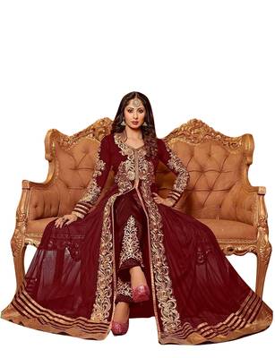 Maroon & Beige Embroidered Net Semi Stitched Anarkali Suit 1