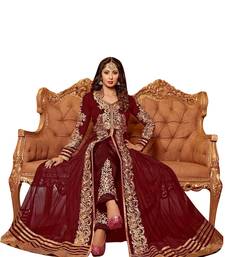Maroon & Beige Embroidered Net Semi Stitched Anarkali Suit