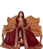 Maroon & Beige Embroidered Net Semi Stitched Anarkali Suit