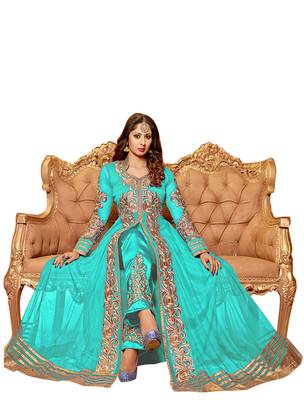 Aqua & Beige Embroidered Georgette Semi Stitched Anarkali Suit 1