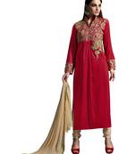 Red & Cream Lycra Embroidered Semi Stitched Straight Suit