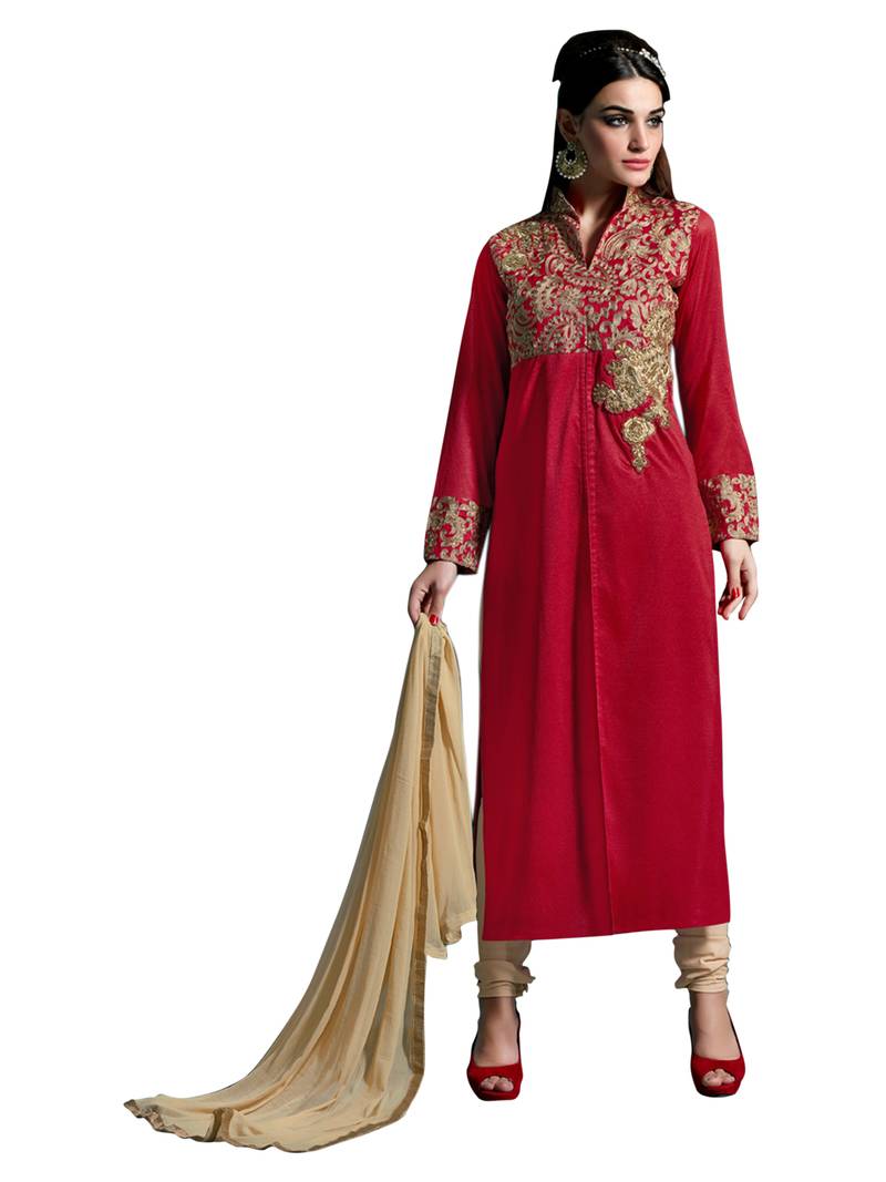 Red & Cream Lycra Embroidered Semi Stitched Straight Suit
