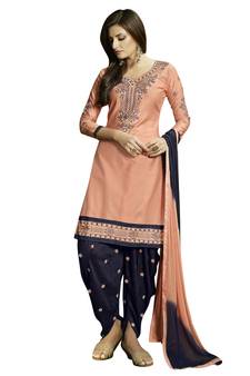Peach resham_embroidery blended_cotton unstitched salwar with dupatta