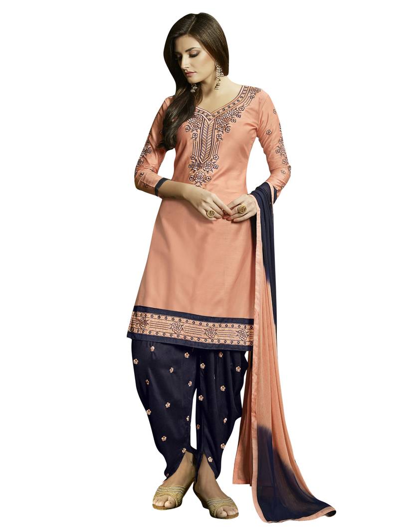 Peach resham_embroidery blended_cotton unstitched salwar with dupatta