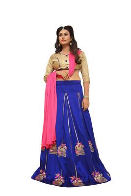 Blue Embroidered Silk Unstitched Lehenga 1