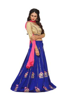 Blue Embroidered Silk Unstitched Lehenga 4